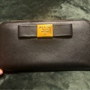 Prada Black Leather Wallet with Gold Zipper
